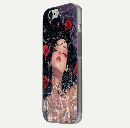 Crimson Rose Serenity Glass Case for iPhone 16 Pro side-angle photo showing glass reflection and soft edges
