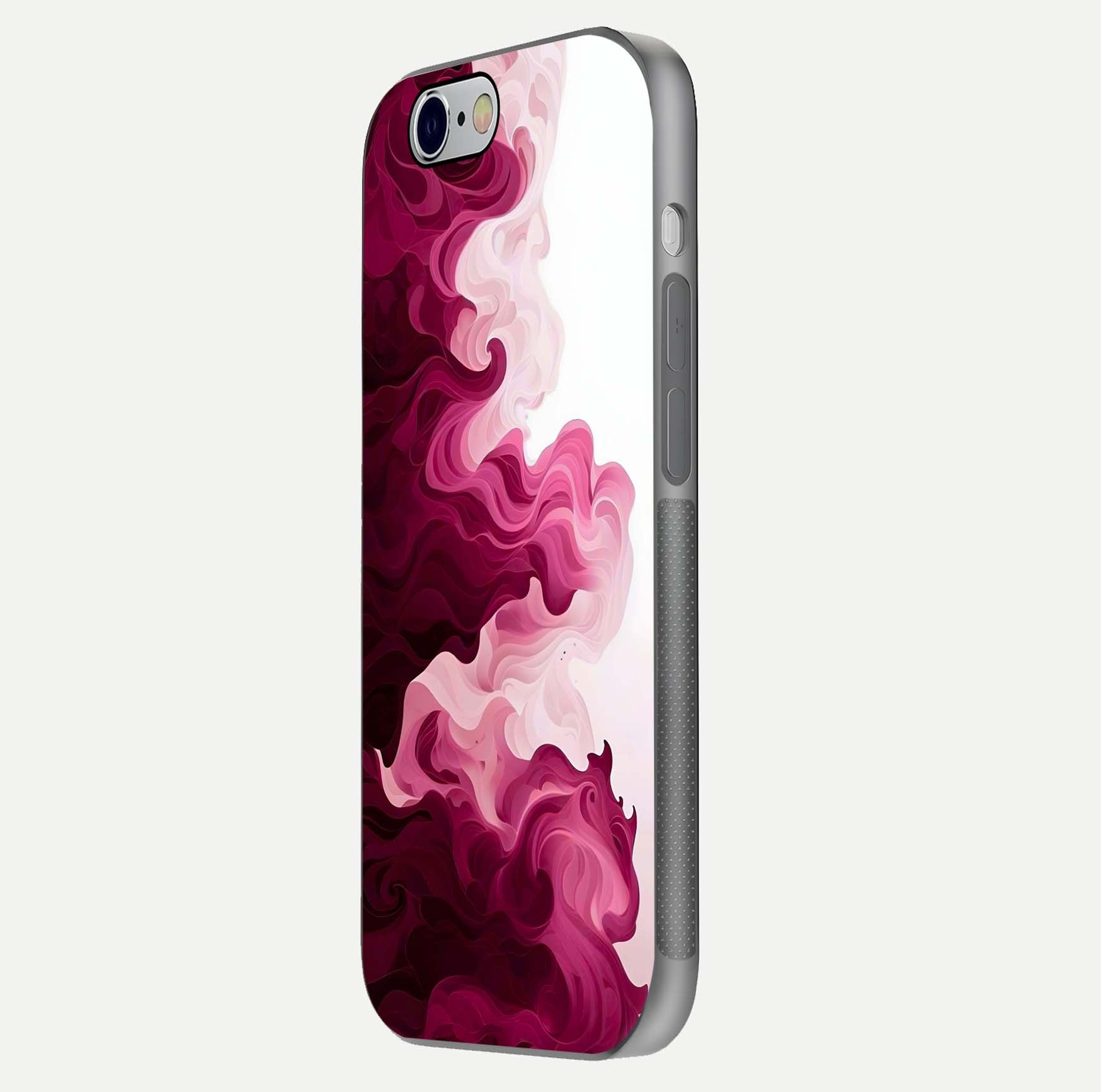 Crimson Wave Flow Glass Case for iPhone 16 Pro side-angle photo showing reflection glow and HD finish
