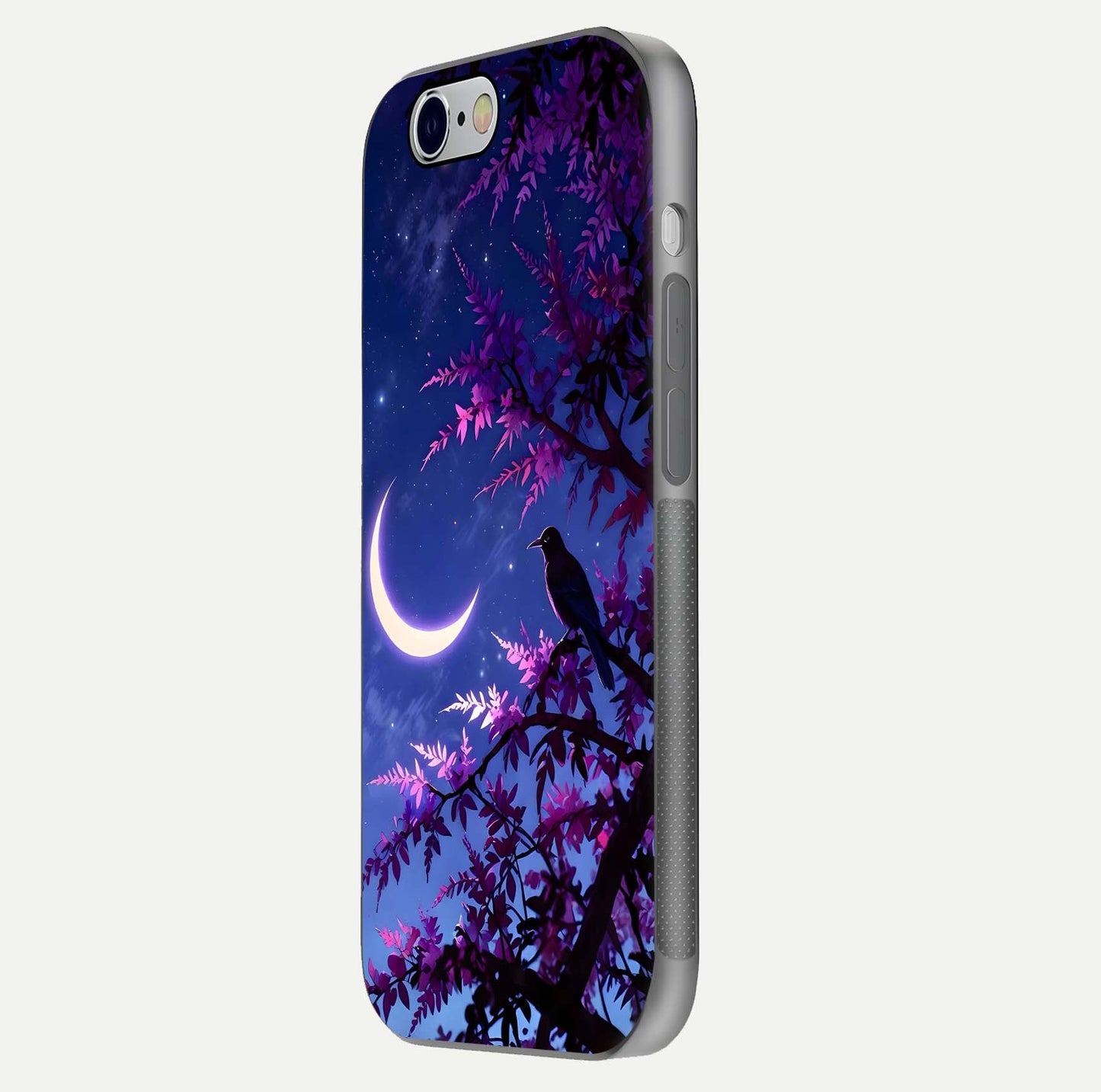 Crow & Moon Scenery Glass Case for iPhone 16 Pro side-angle photo capturing glossy shine and artistic contrast