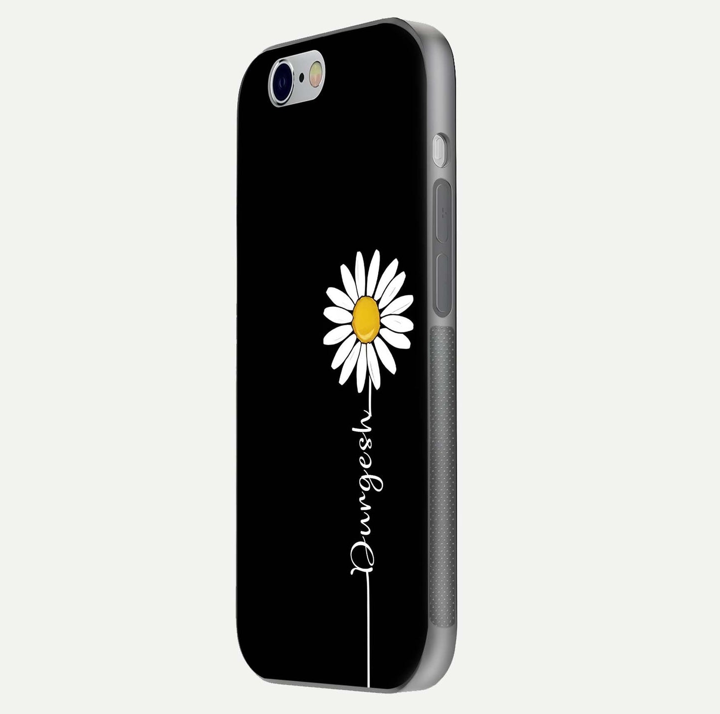 Custom Name White Flower Glass Case for iPhone 16 Pro side-angle photo showing reflection shine and name clarity
