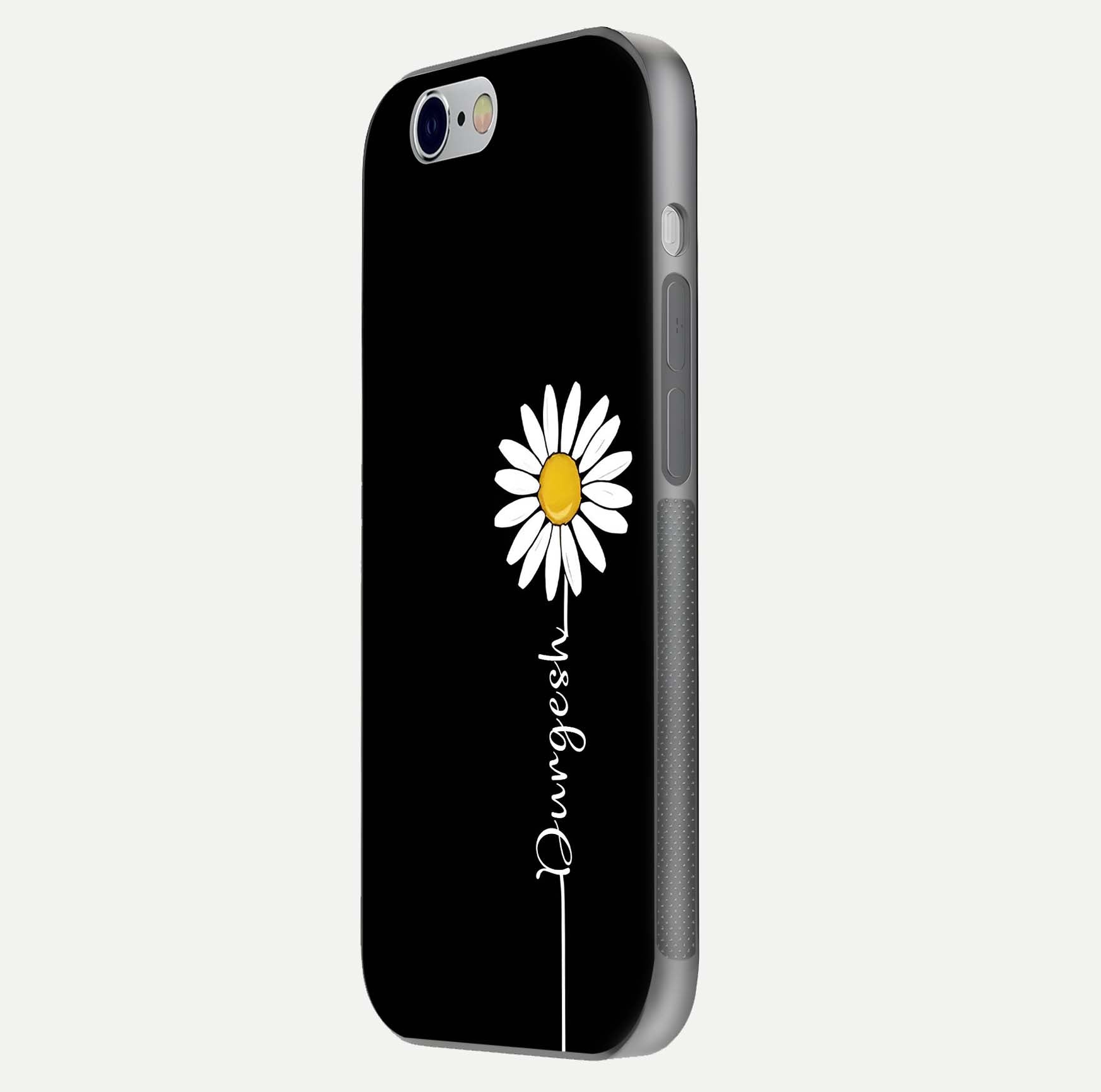 Custom Name White Flower Glass Case for iPhone 16 Pro side-angle photo showing reflection shine and name clarity