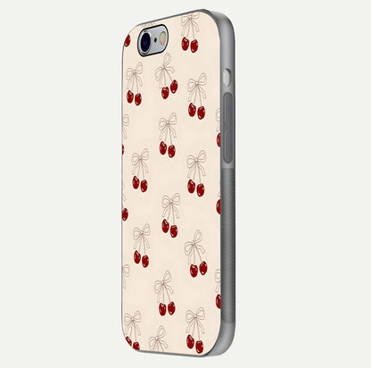 Cute Cherry Pattern Glass Case for iPhone 16 Pro side-angle photo highlighting gloss curve and pattern clarity