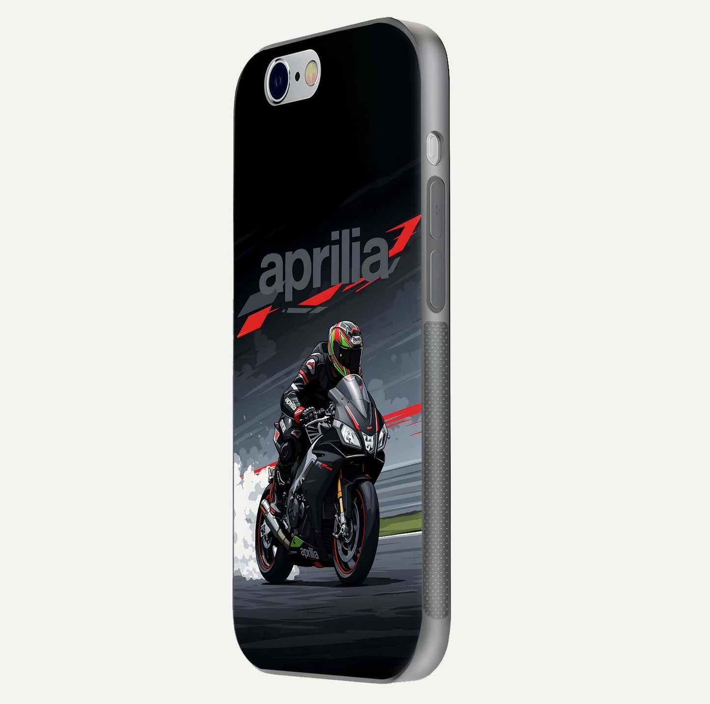 Dark Aprilla Glass Case for iPhone 16 Pro side-angle photo showing reflection gloss and curved edge finish