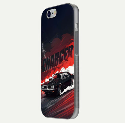 Dark Charger Fury Glass Case for iPhone 16 Pro side-angle image showing edge gloss and bold tone