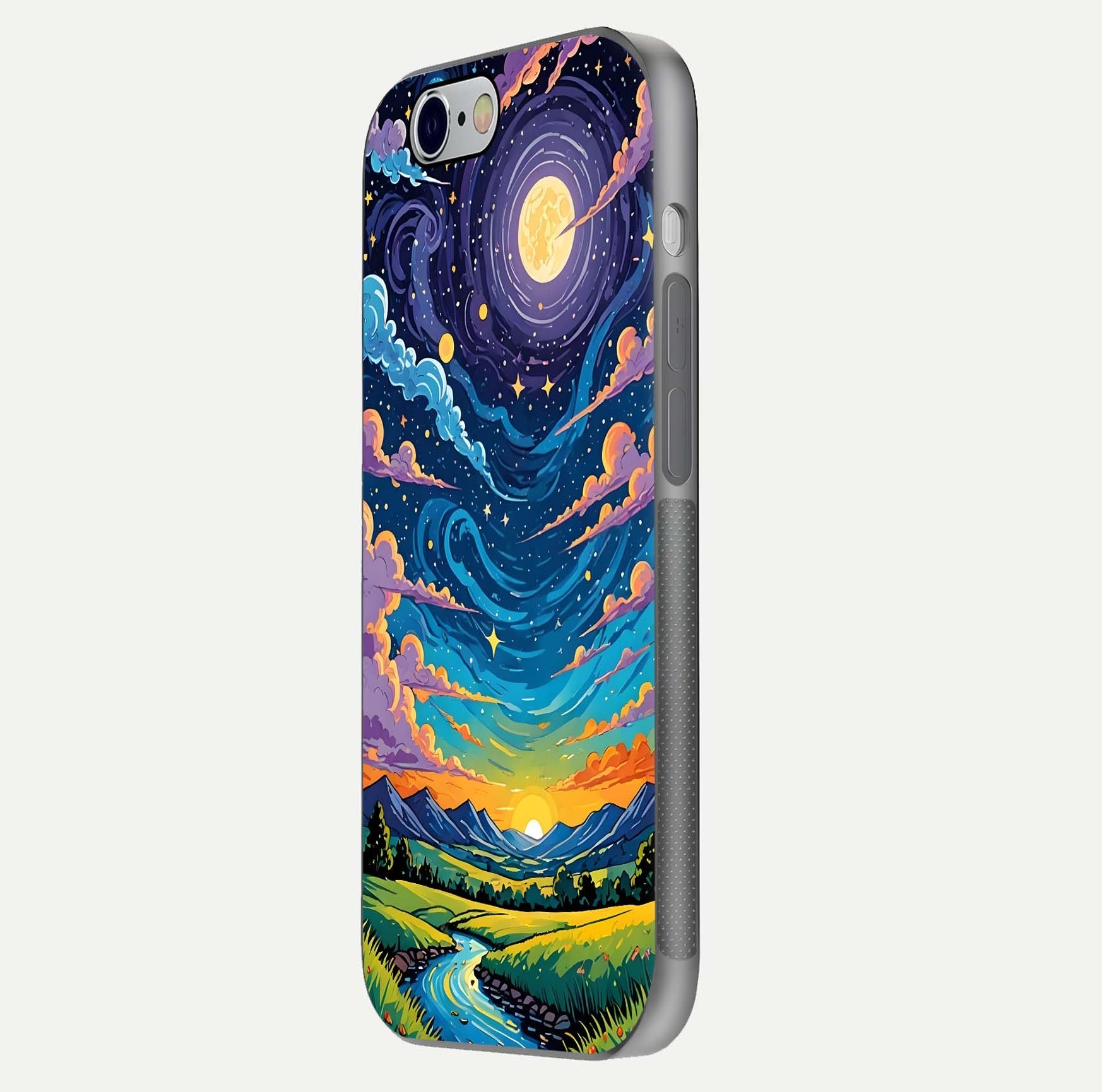 Dreamy Night Landscape Glass Case for iPhone 16 Pro side-angle photo capturing reflection glow and edge detail