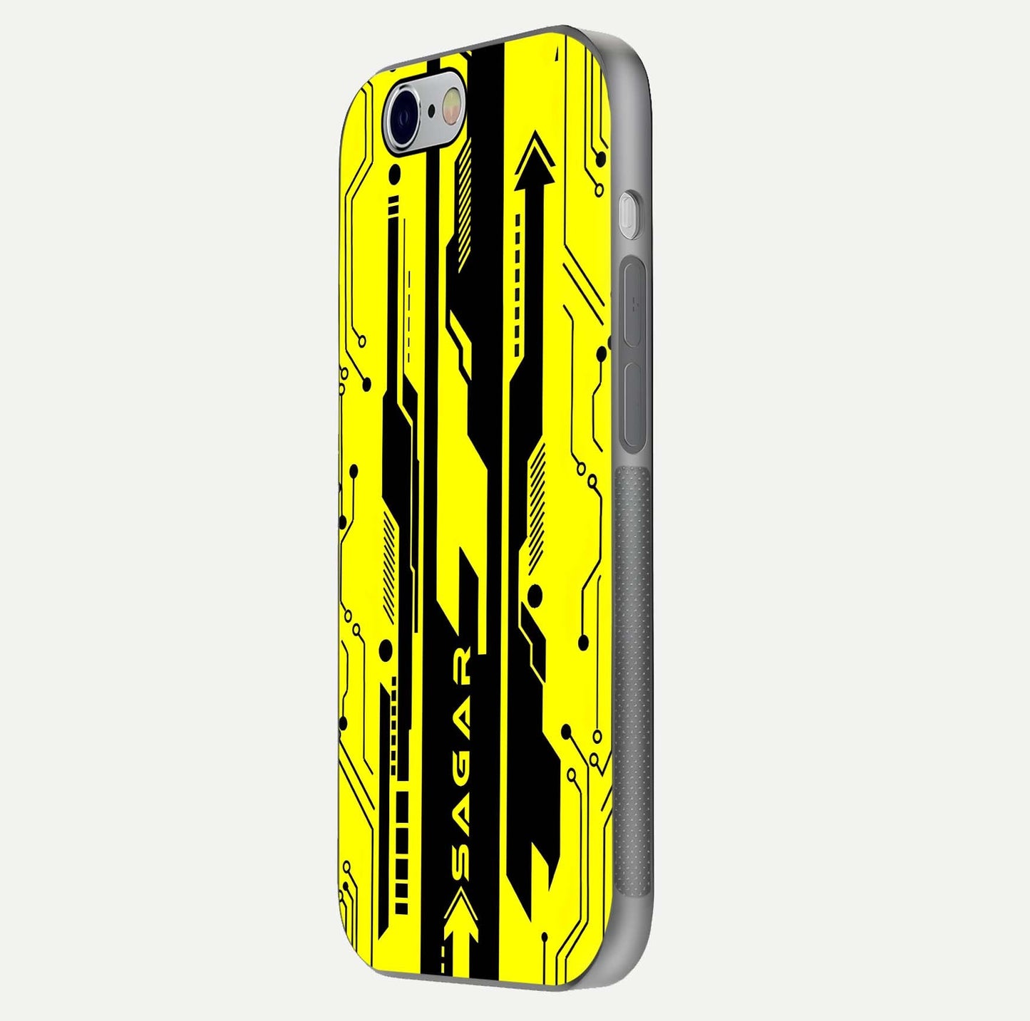 Electric Pulse CYBERPUNK Custom Name Glass Case for iPhone 16 Pro side-angle image showing glossy reflection and edge illumination