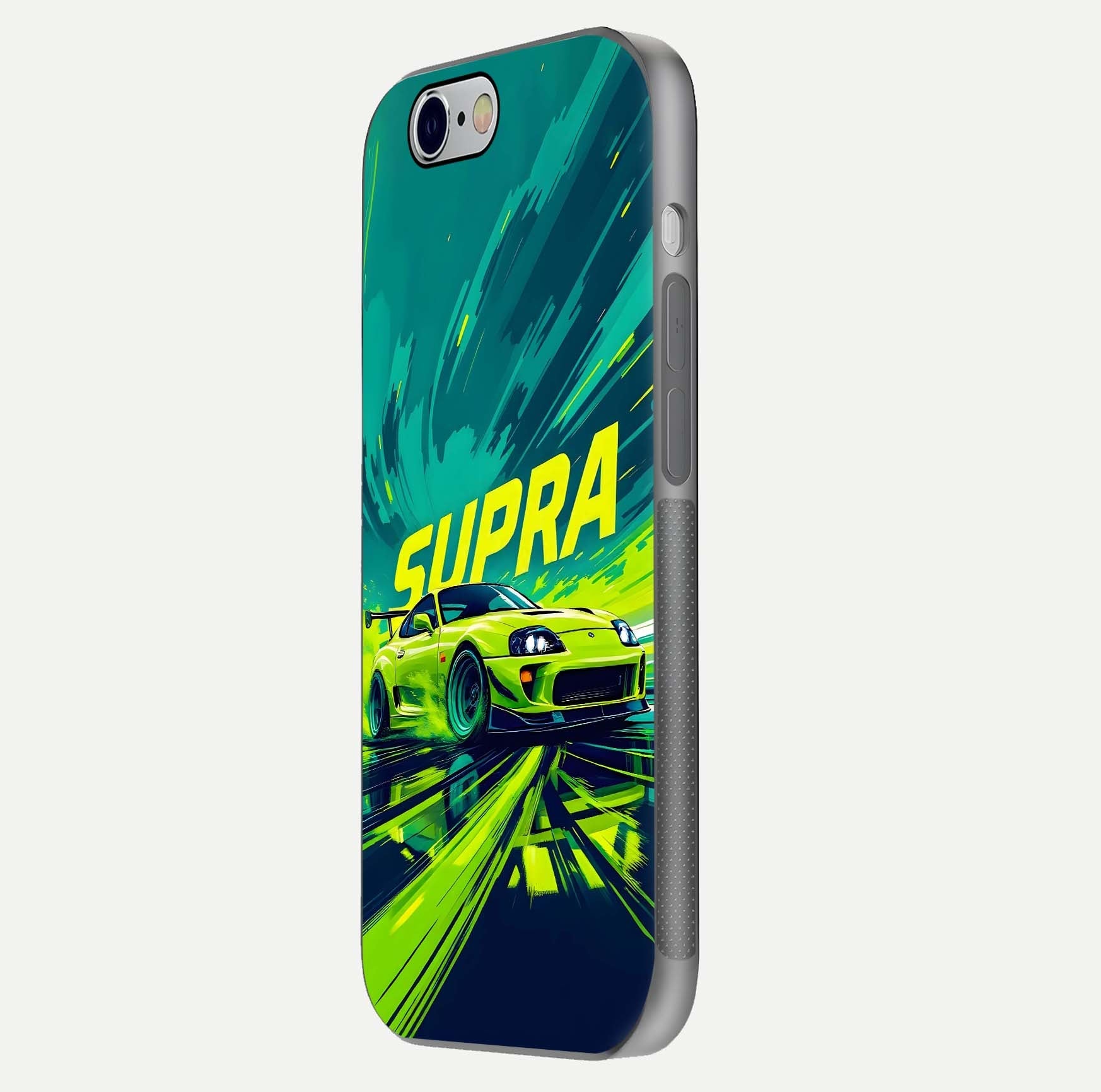 Electric Supra Thunder Glass Case for iPhone 16 Pro side-angle photo showing sleek car outline and reflective shine