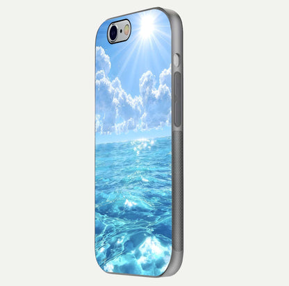 Endless Ocean Horizon Glass Case for iPhone 16 Pro side-angle photo showing reflection glow and wave tone