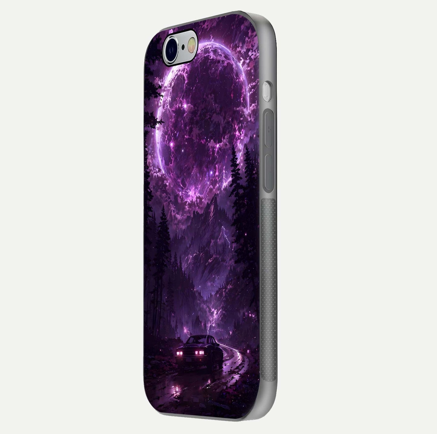 Eternal Cosmic Drive Glass Case for iPhone 16 Pro side-angle image showing reflection texture and color contrast