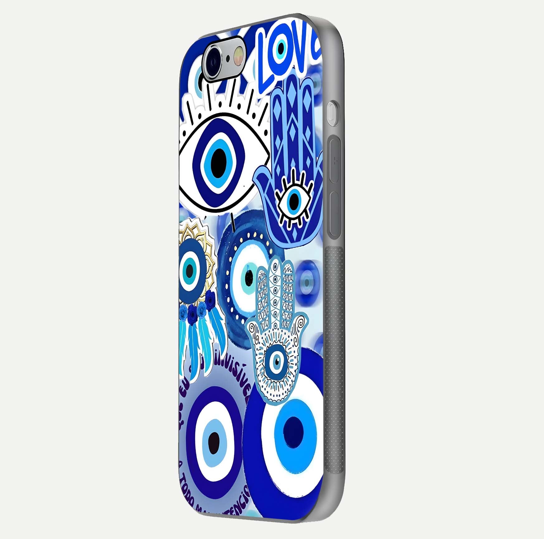 Evil Eyes Dream Glass Case for iPhone 16 Pro side-angle photo capturing smooth edges and reflective texture