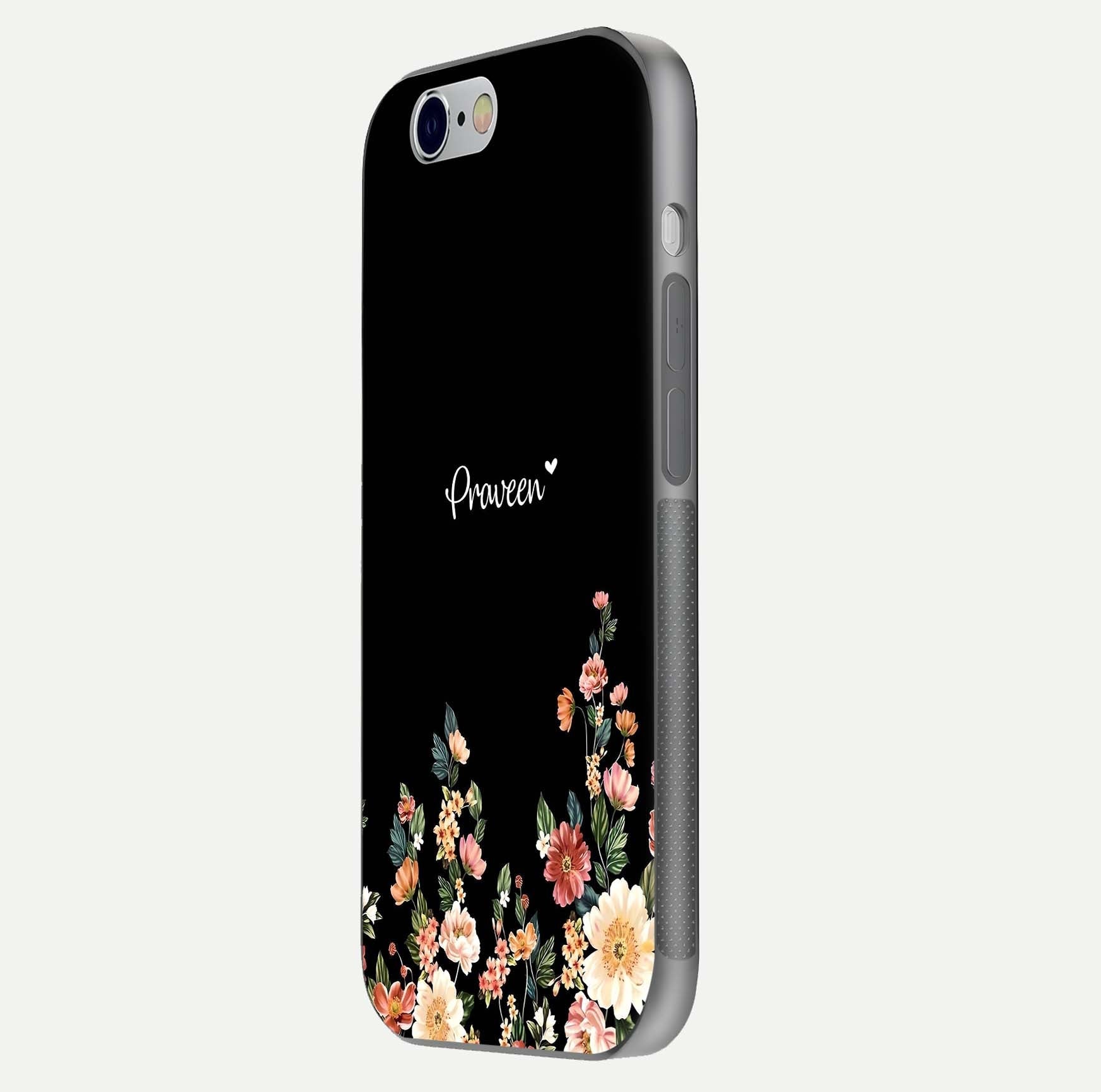 Floral Design Personalized Custom Name Glass Case for iPhone 16 Pro side-angle image showing name alignment and gloss shine