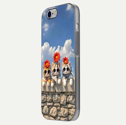 Floral Kitty Squad Glass Case for iPhone 16 Pro side-angle photo showing reflection glow and polished surface