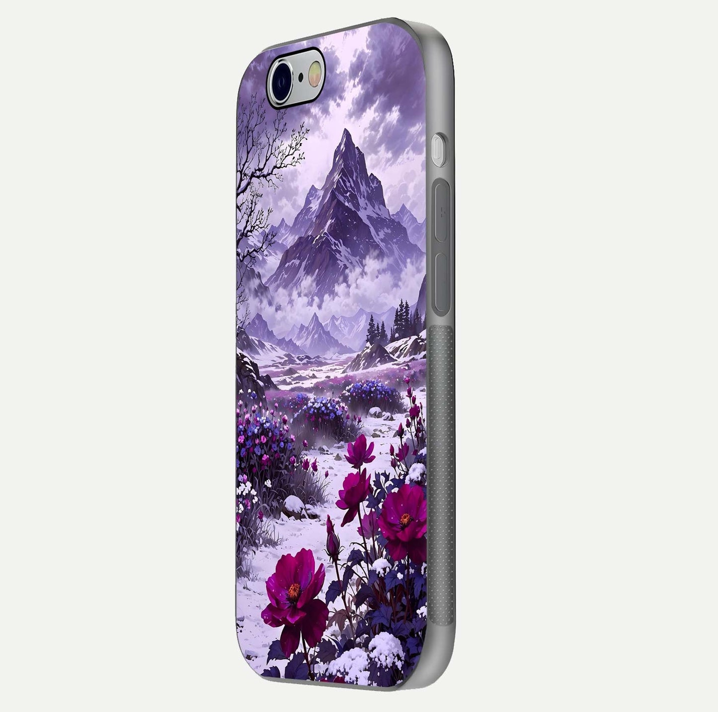 Flower Mountain View Glass Case for iPhone 16 Pro side-angle image showing gloss polish and smooth edge
