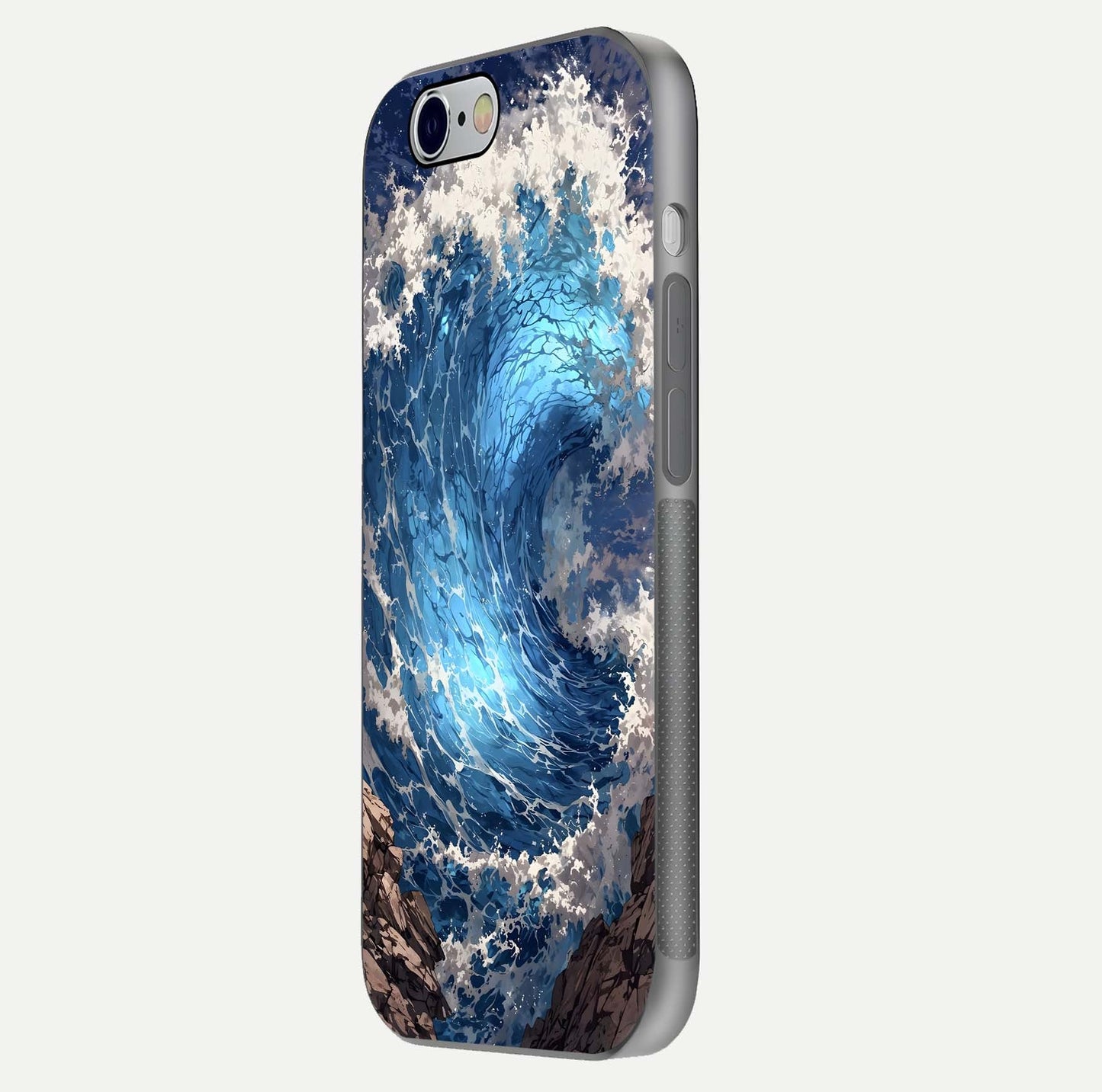 Giant Ocean Wave Glass Case for iPhone 16 Pro side-angle image showing light reflection and ocean detail