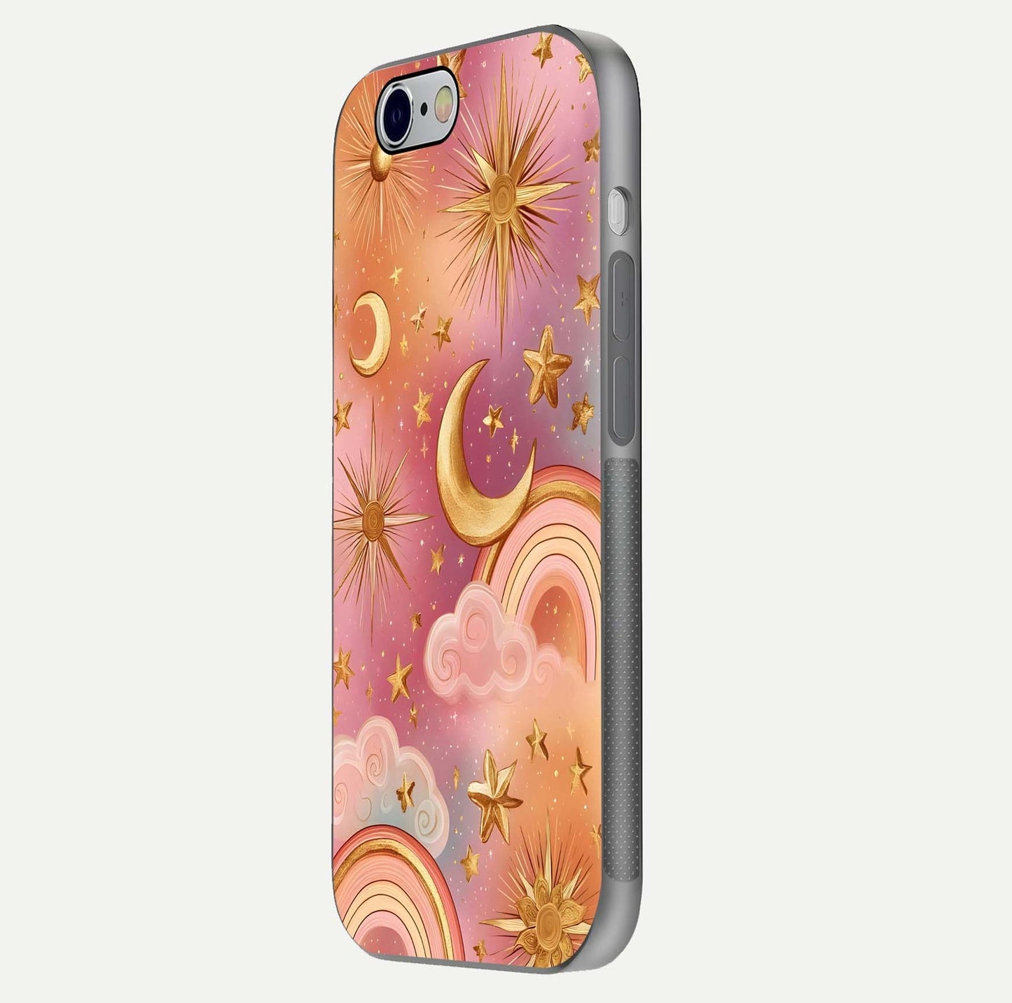 Golden Celestial Dreams Glass Case for iPhone 16 Pro side-angle image capturing reflection brightness and starry detail