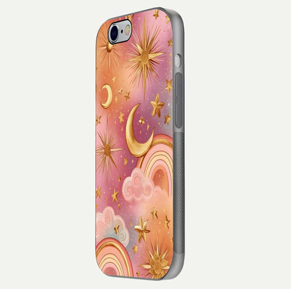 Golden Celestial Dreams Glass Case for iPhone 16 Pro side-angle image capturing reflection brightness and starry detail