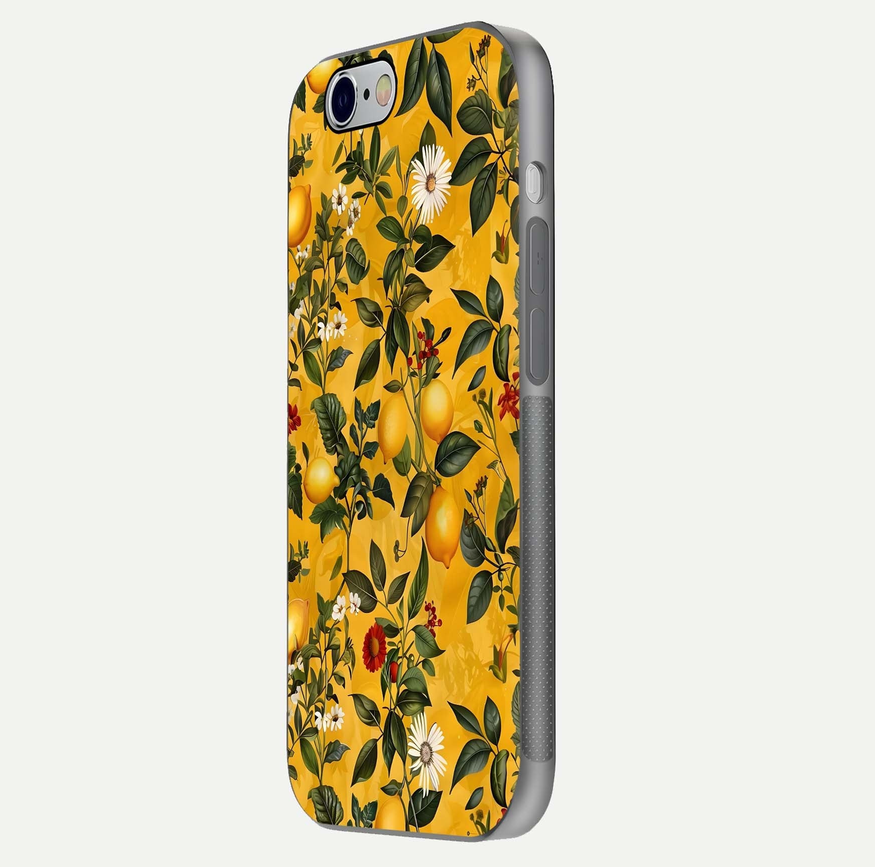 Golden Lemon Field Glass Case for iPhone 16 Pro side-angle image showing reflection clarity and juicy color tone