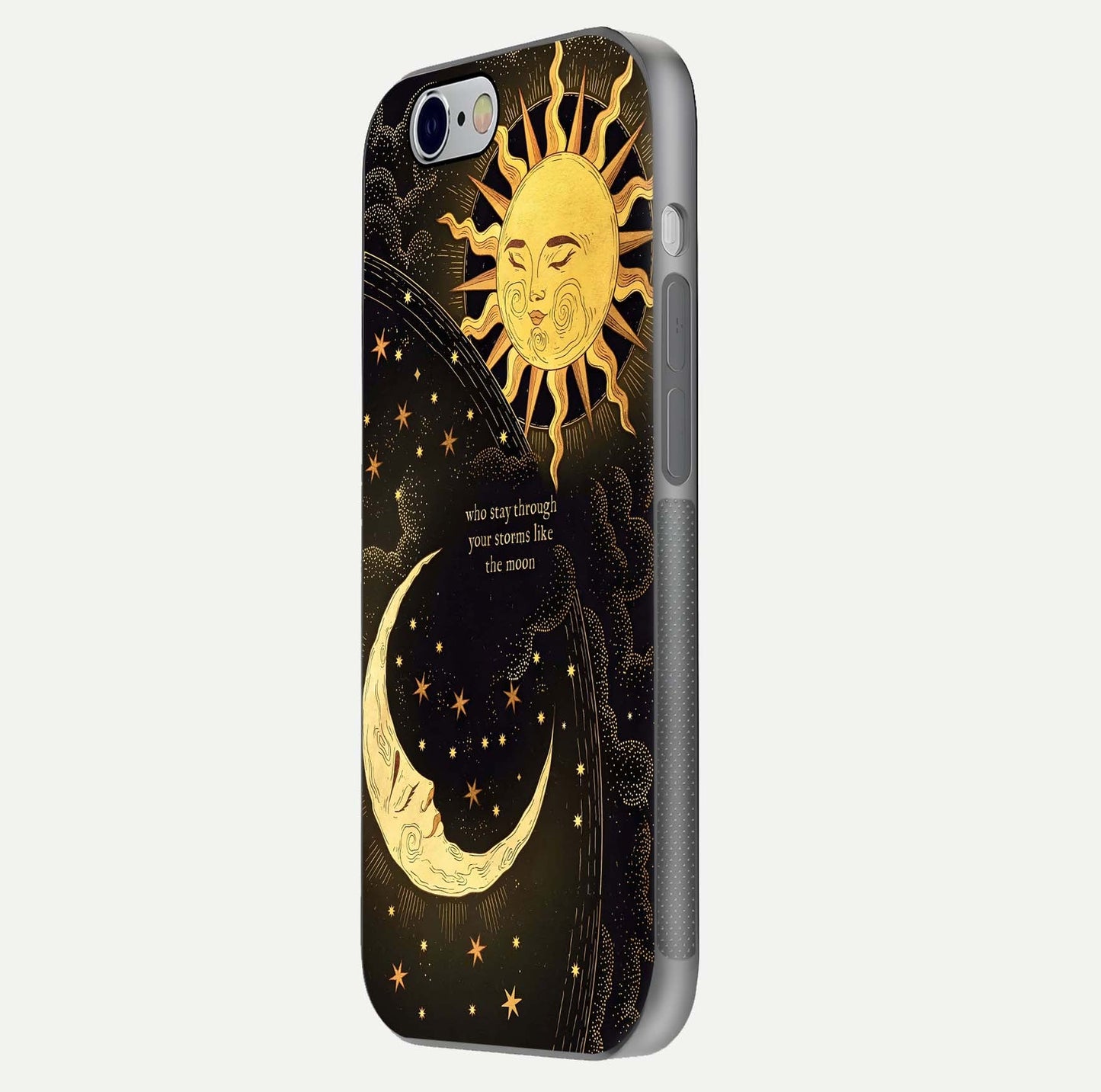 Golden Lunar Love Glass Case for iPhone 16 Pro side-angle image showing reflection brilliance and smooth golden tone