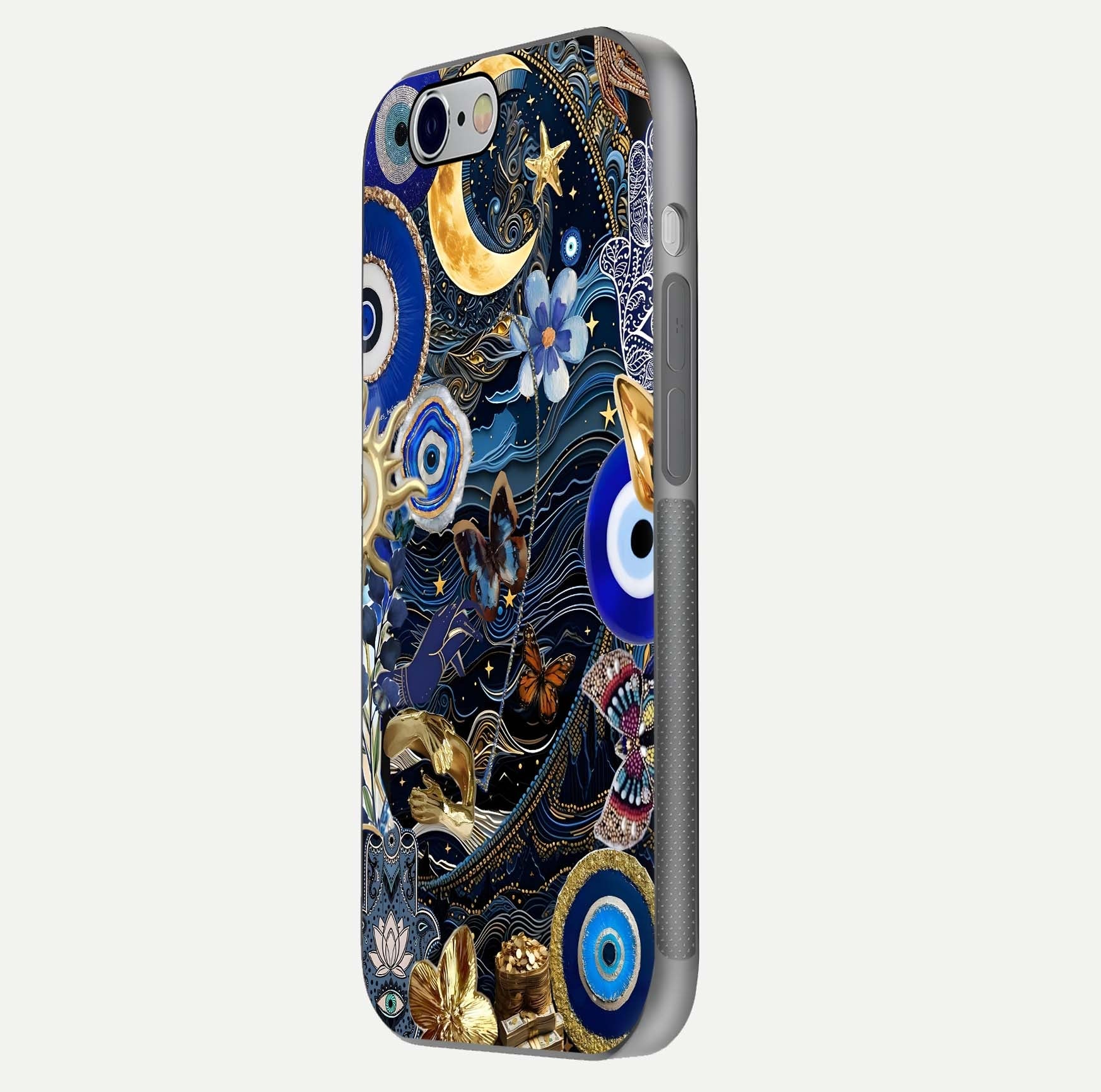 Golden Moon Magic Glass Case for iPhone 16 Pro side-angle image showing reflection glow, curved polish, and moon detail