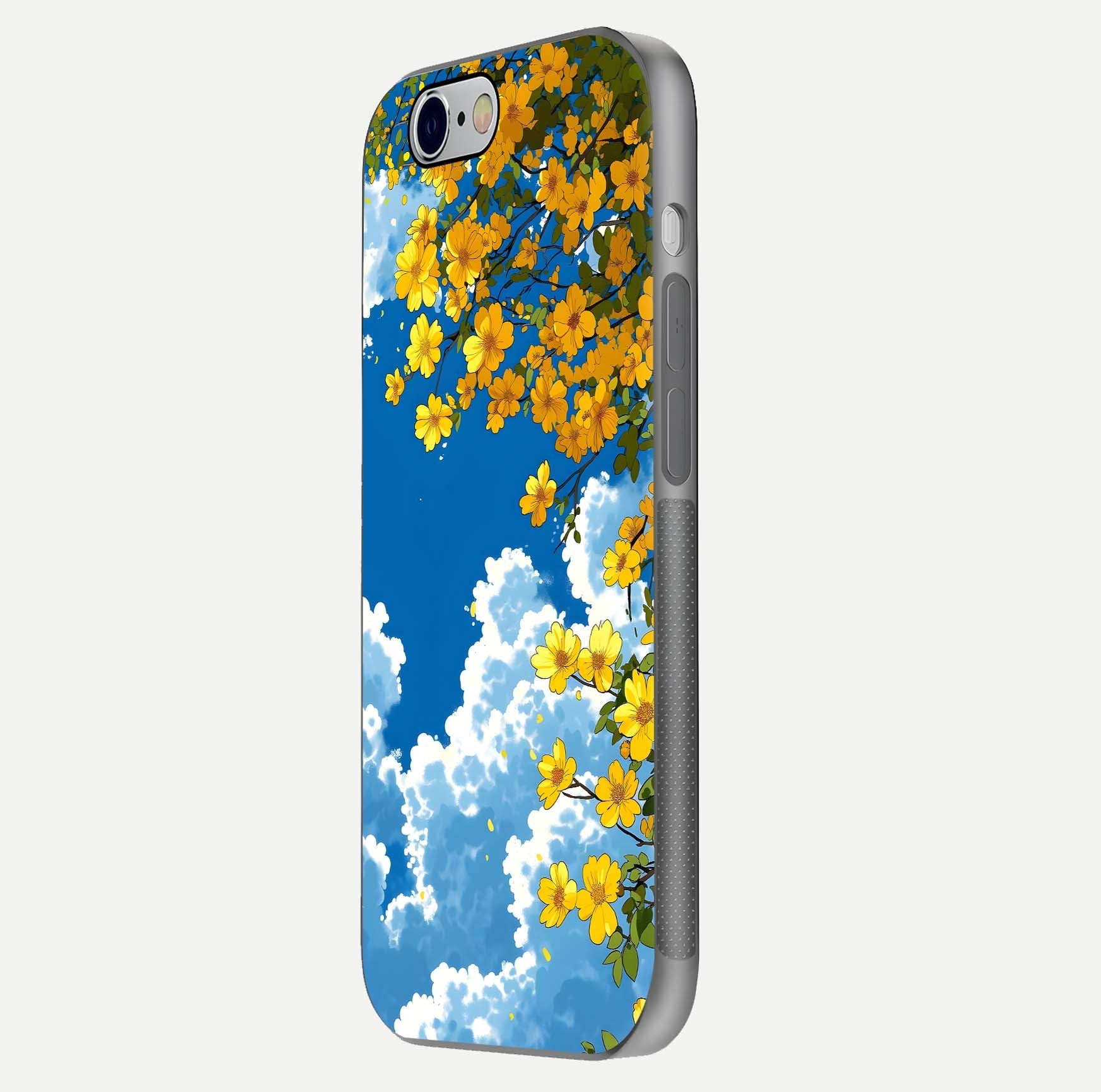 Golden Petal Sky Glass Case for iPhone 16 Pro side-angle image showing reflection depth and metallic floral tones