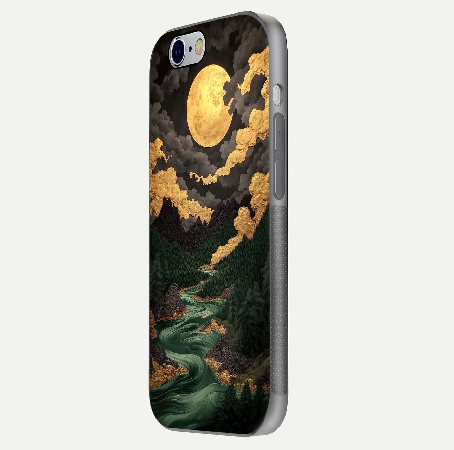Golden River Moon Glass Case for iPhone 16 Pro side-angle image showing reflection clarity and detailed nightscape