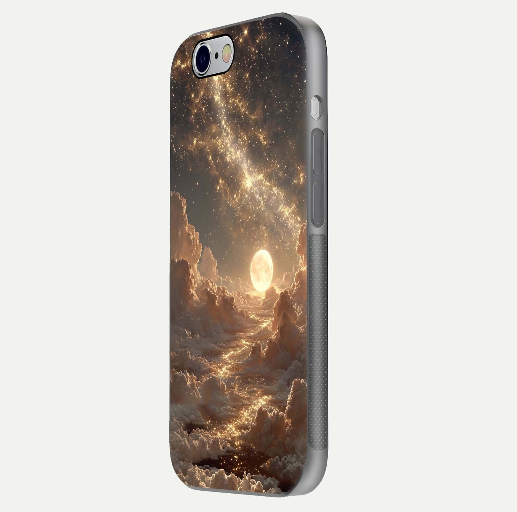 Golden Sky Dream Glass Case for iPhone 16 Pro side-angle image showing reflection shine and smooth surface