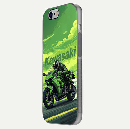 Green Kawasaki Glass Case for iPhone 16 Pro side-angle image showing reflection depth and metallic green accent