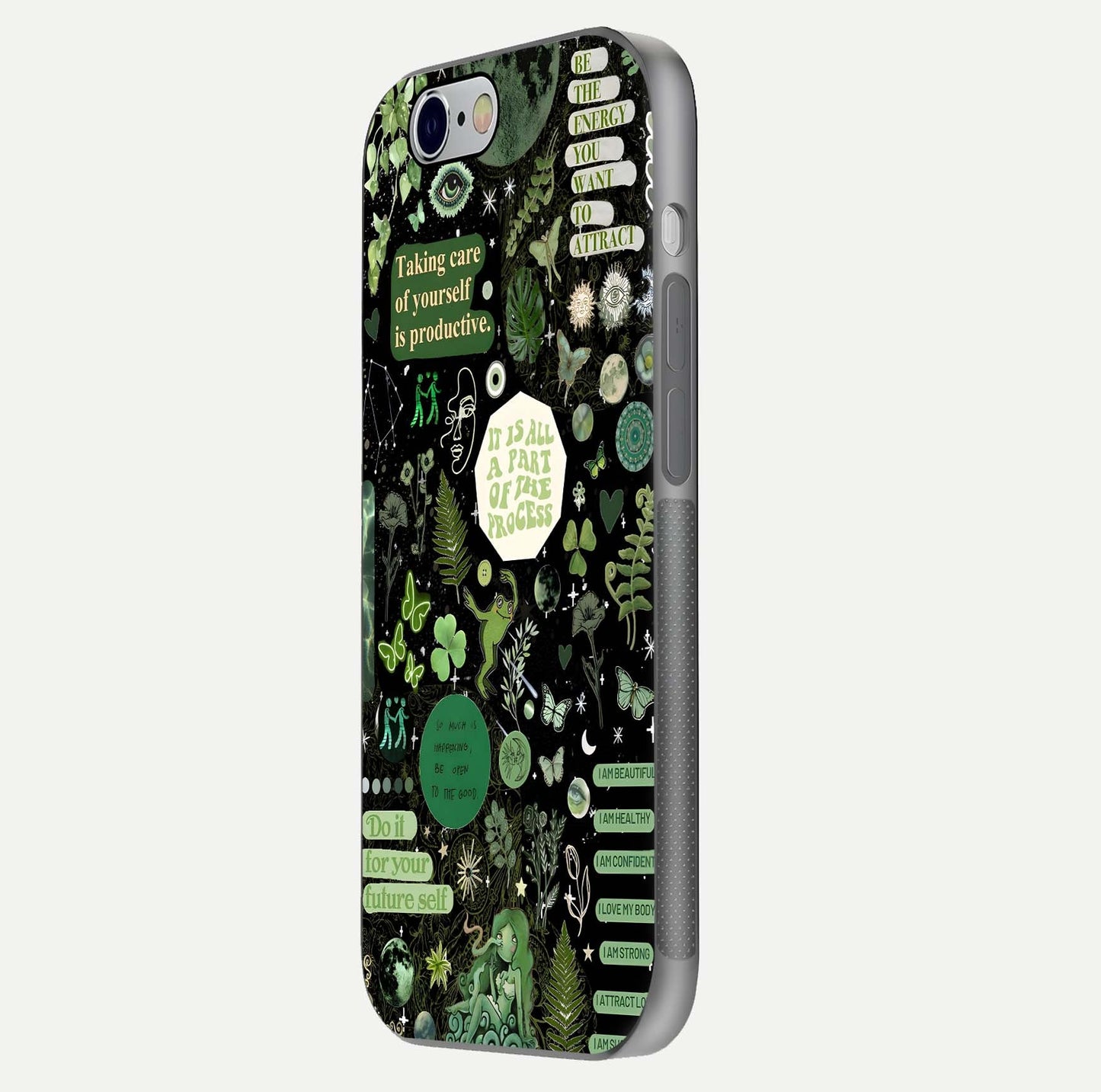 Green Moon Energy Glass Case for iPhone 16 Pro side-angle image showing reflection brilliance and curved finish