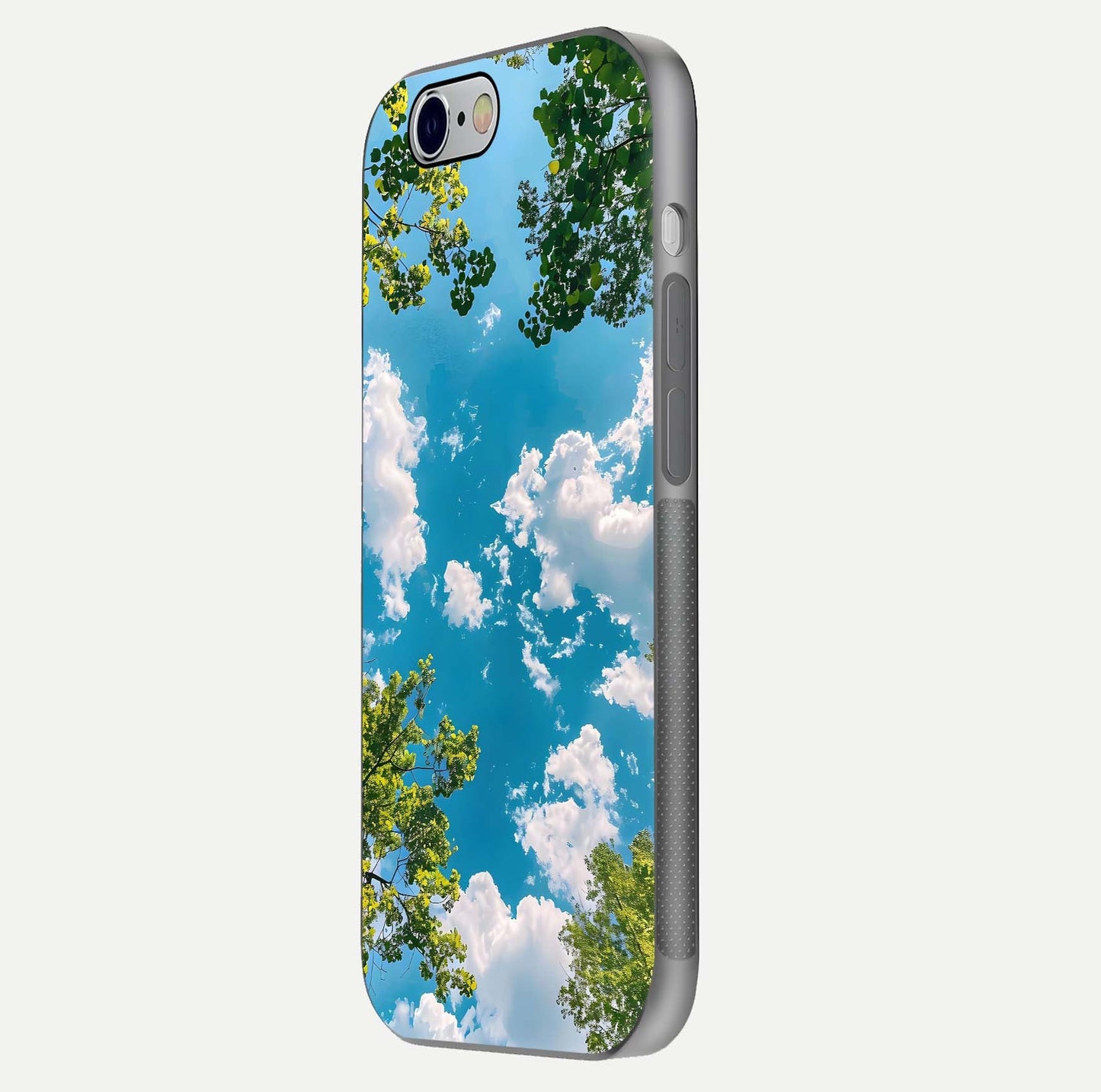 Greenery Sky Glass Case for iPhone 16 Pro side-angle image showing reflection glow and nature-themed pattern