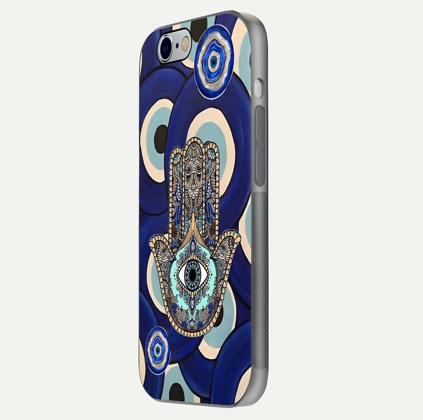 Hamsa Divine Guard Glass Case for iPhone 16 Pro side-angle image showing reflection brilliance and protective design