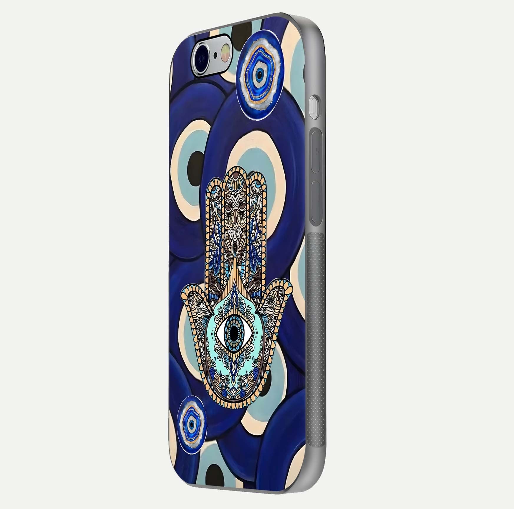 Hamsa Divine Guard Glass Case for iPhone 16 Pro side-angle image showing reflection brilliance and protective design