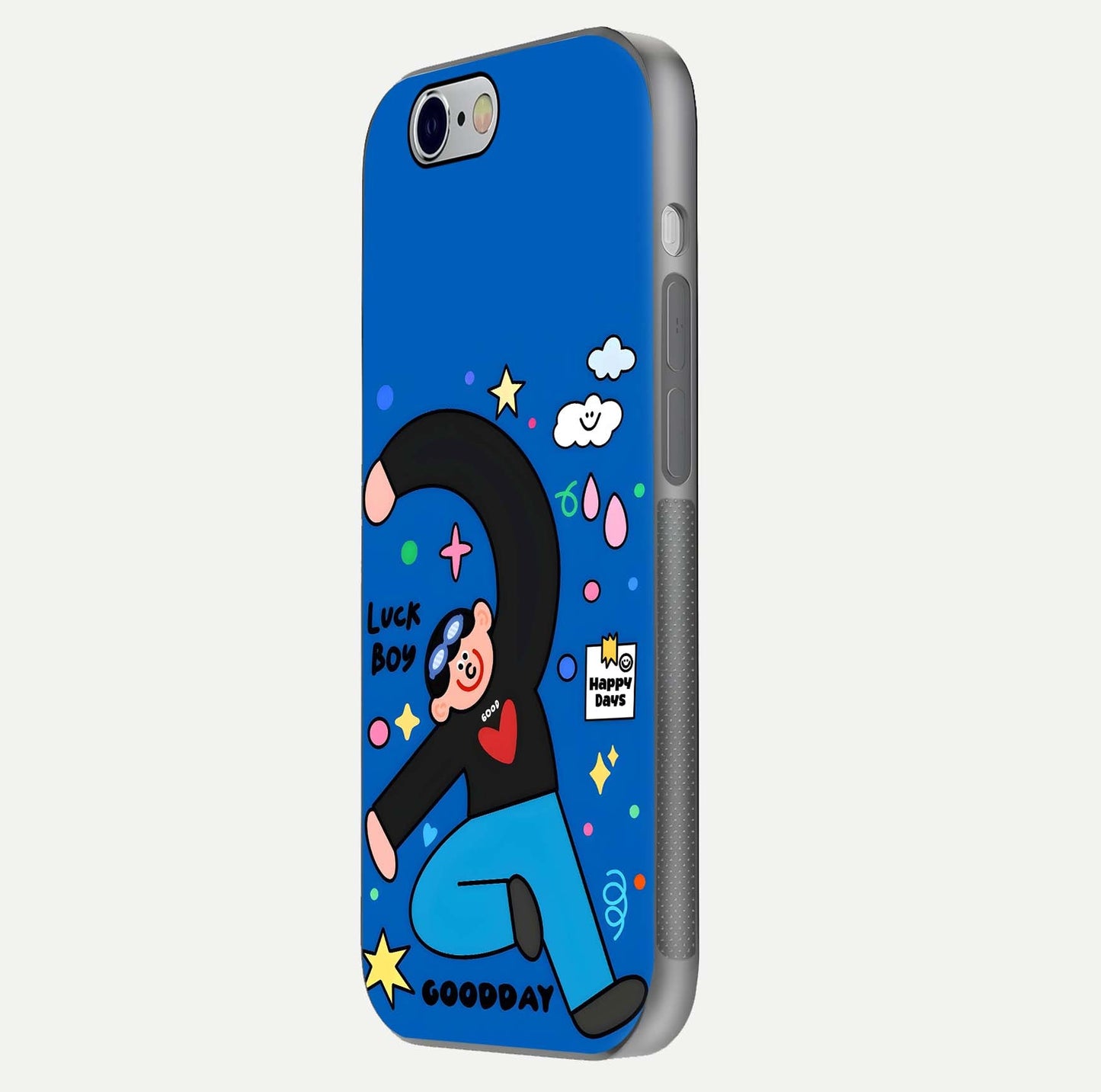 Happy Luck Vibe Glass Case for iPhone 16 Pro side-angle image showing reflection polish and vivid charm design