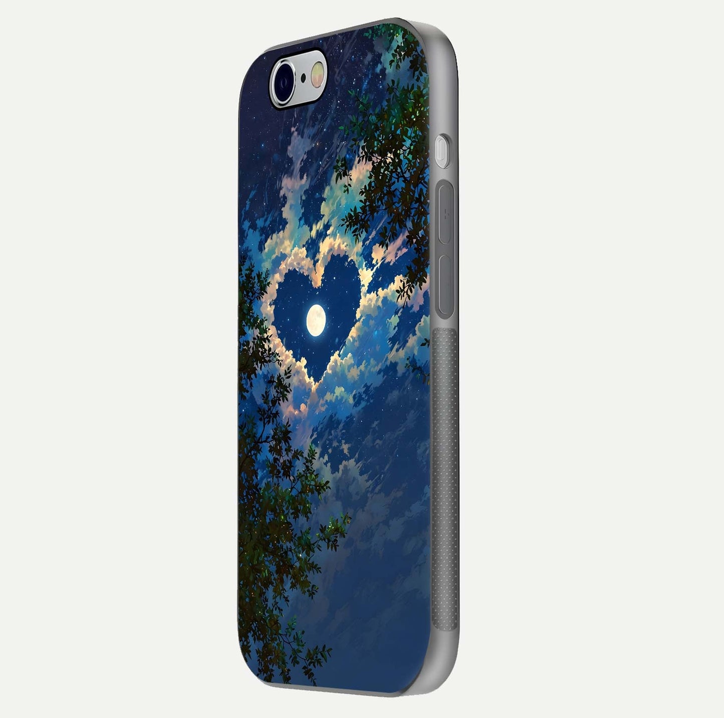 Heart with Moon Sky Glass Case for iPhone 16 Pro side-angle image showing reflection brightness and soft tone finish