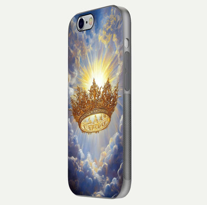 Heavenly Crown Light Glass Case for iPhone 16 Pro side-angle image showing reflection brilliance and elegant divine art