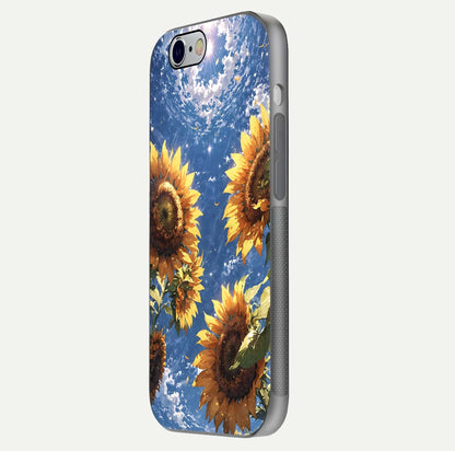 Heavenly Sunflower Rise Glass Case for iPhone 16 Pro side-angle image showing reflection glow and soft yellow tone