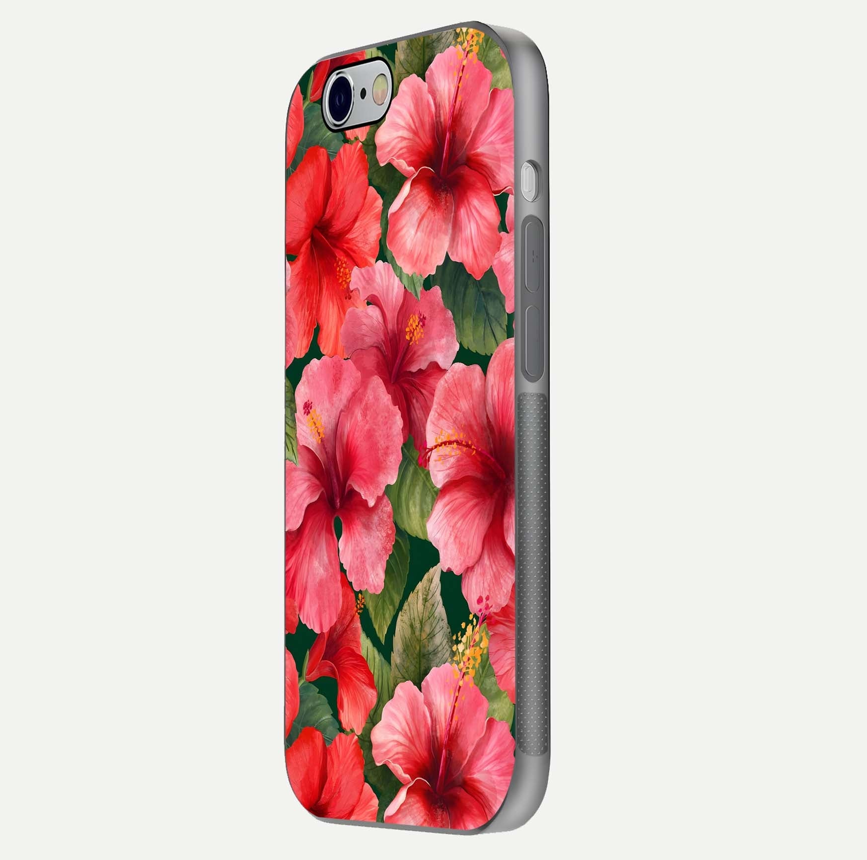 Hibiscus Pattern Glass Case for iPhone 16 Pro side-angle image showing reflection brightness and floral detailing