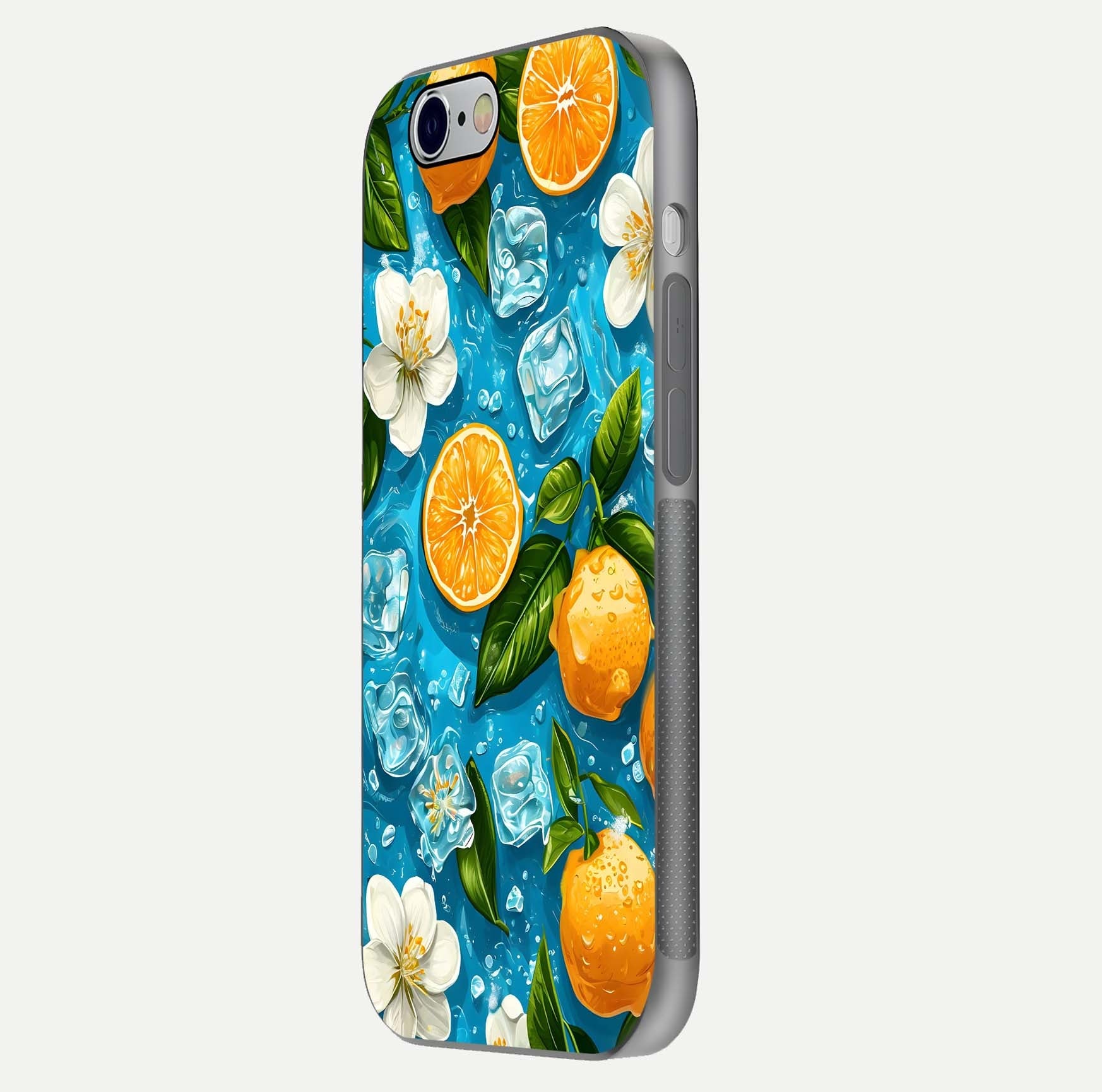 Ice Cube With Orange Glass Case for iPhone 16 Pro side-angle image showing reflection brightness and juicy pattern detail