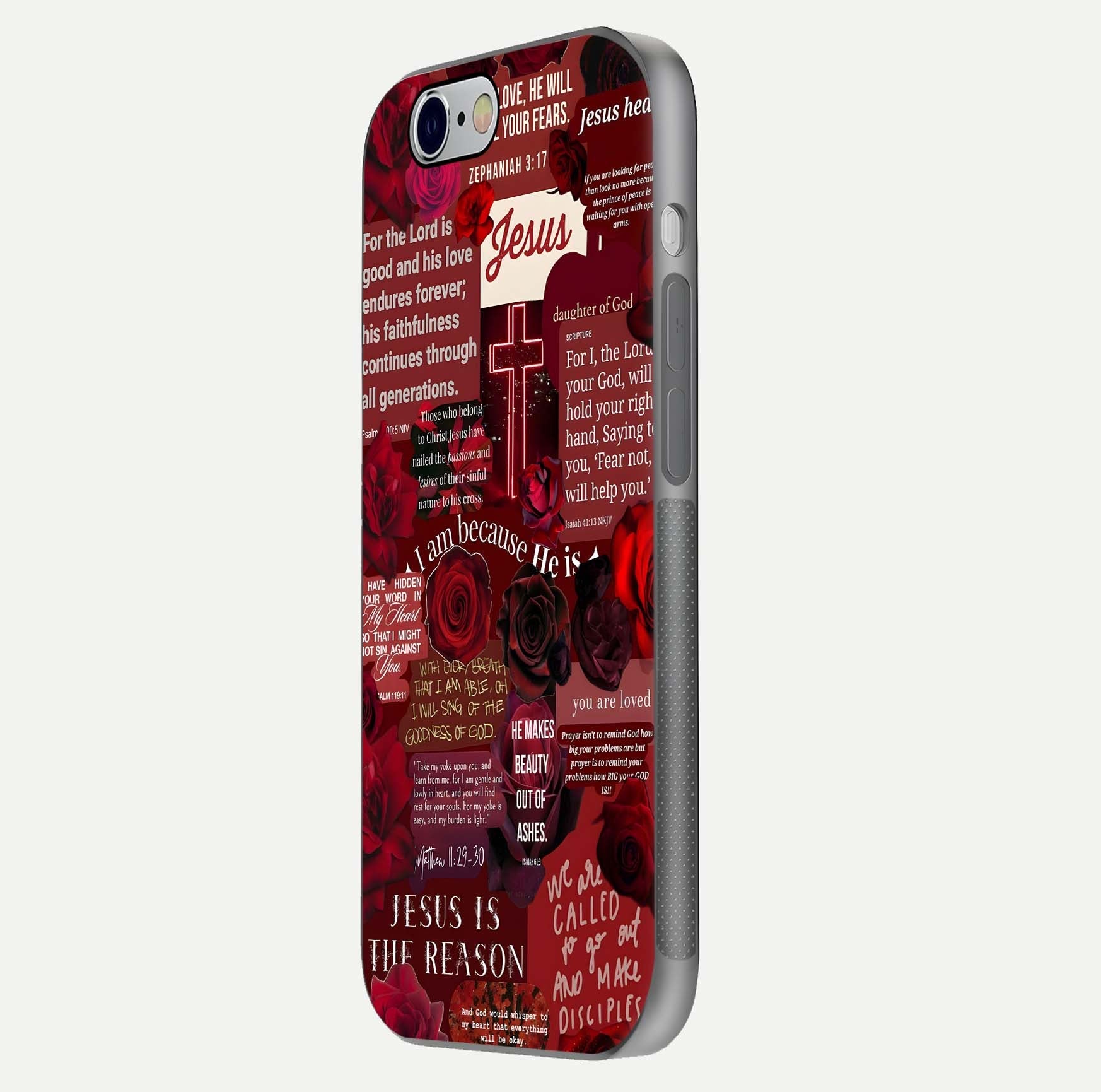 Jesus Love Heals Glass Case for iPhone 16 Pro side-angle image highlighting gloss depth and spiritual aura
