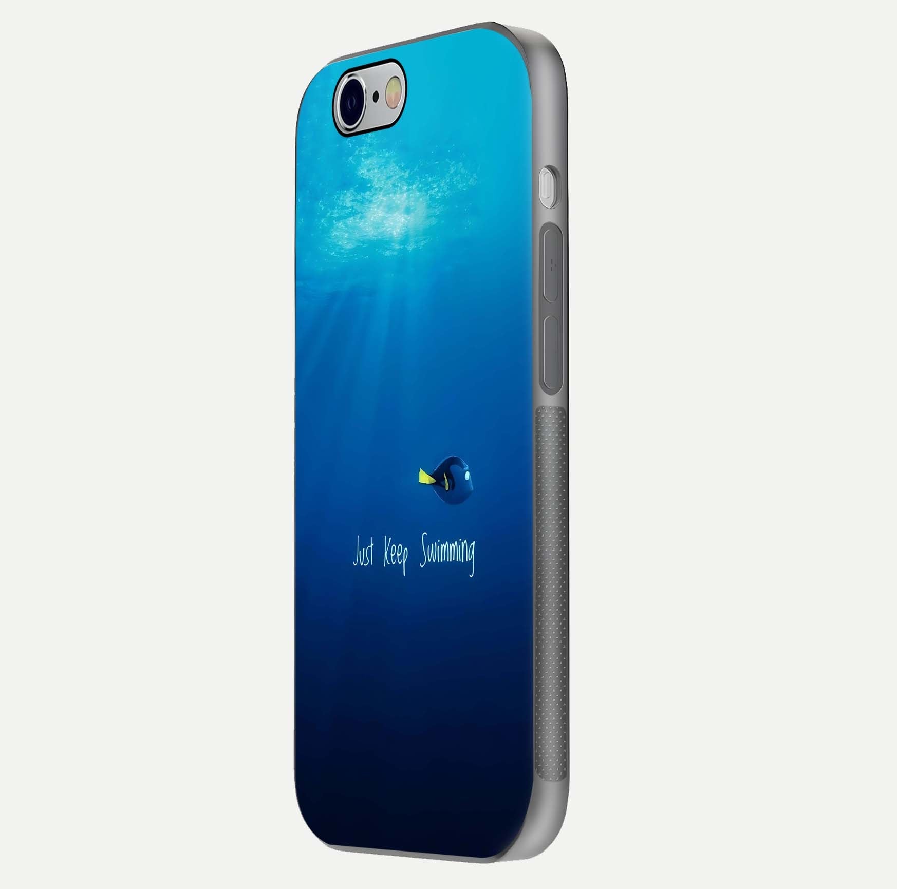Just Keep Swimming Glass Case for iPhone 16 Pro side-angle image highlighting reflective surface and positive quote