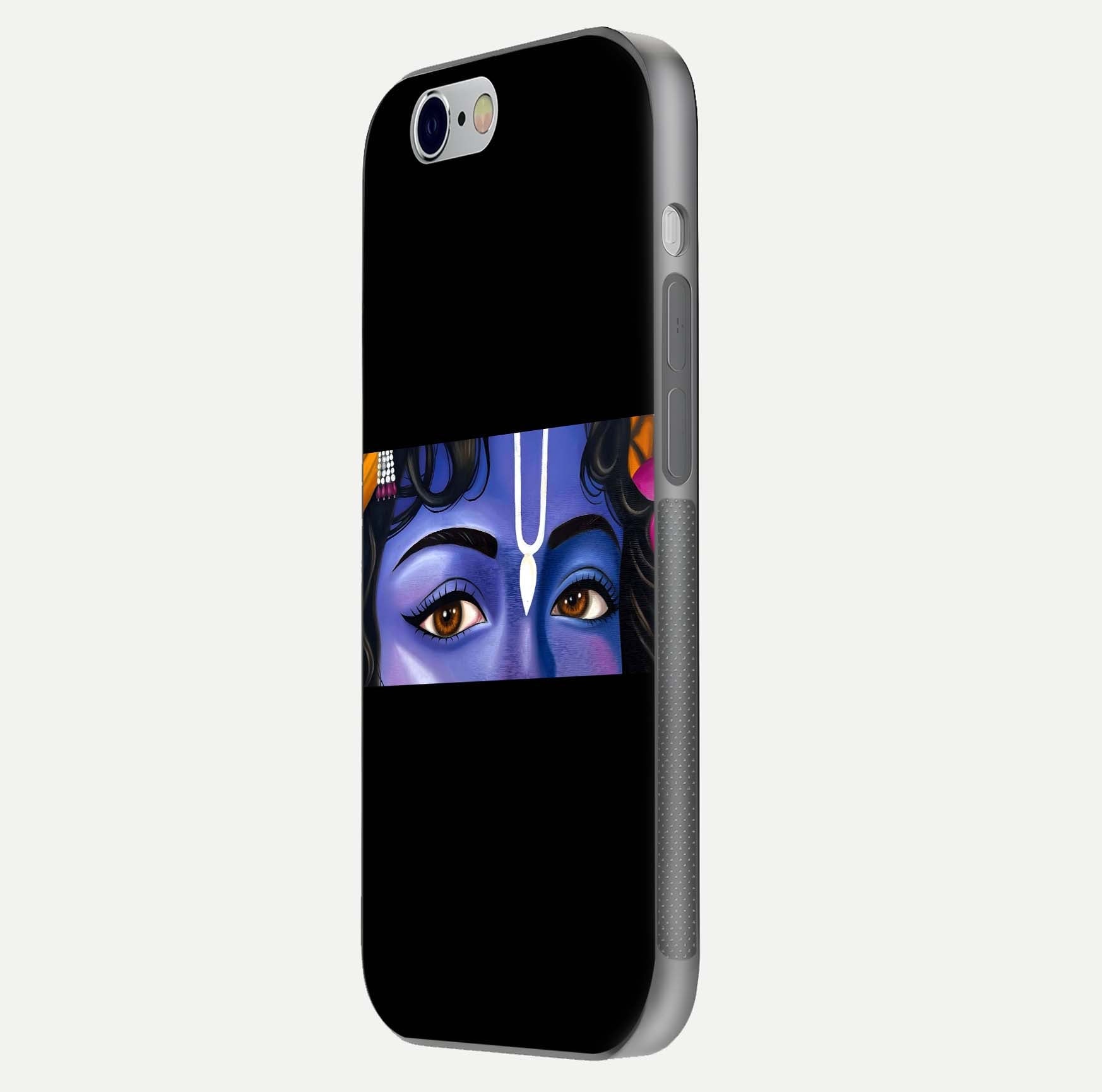 Krishna Eye Glass Case for iPhone 16 Pro side-angle image showing reflection clarity and Krishna symbol design