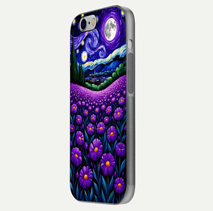 Lavender Moon Field Glass Case for iPhone 16 Pro side-angle image showing HD reflection and moonlit lavender art