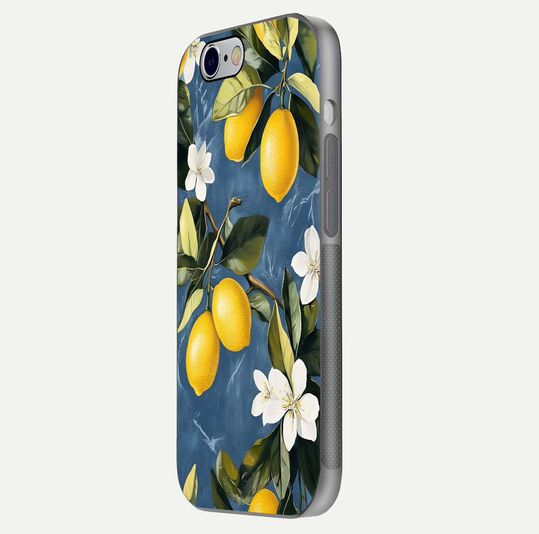 Lemon Dream Garden Glass Case for iPhone 16 Pro side-angle image showing reflection clarity and artistic fruit design
