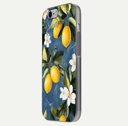 Lemon Dream Garden Glass Case for iPhone 16 Pro side-angle image showing reflection clarity and artistic fruit design