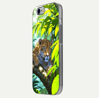 Leopard in Jungle Glass Case for iPhone 16 Pro side-angle shot emphasizing contrast and fierce design clarity