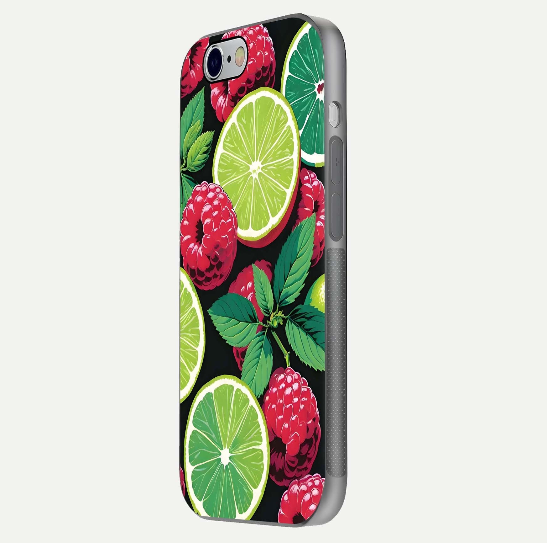 Lime and Raspberry Pattern Glass Case for iPhone 16 Pro side-angle view revealing colorful fruit artwork details