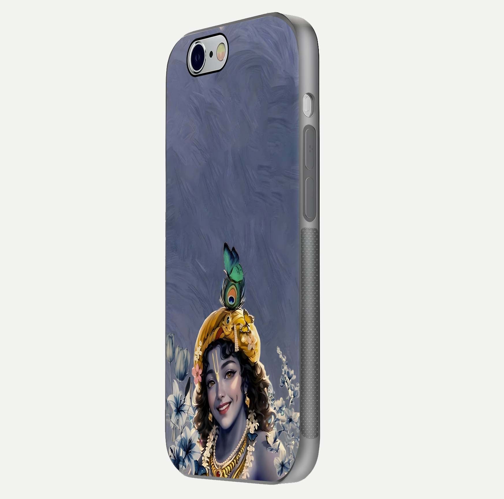 Lord Krishna Glass Case for iPhone 16 Pro side-angle image emphasizing premium reflection and sacred motif