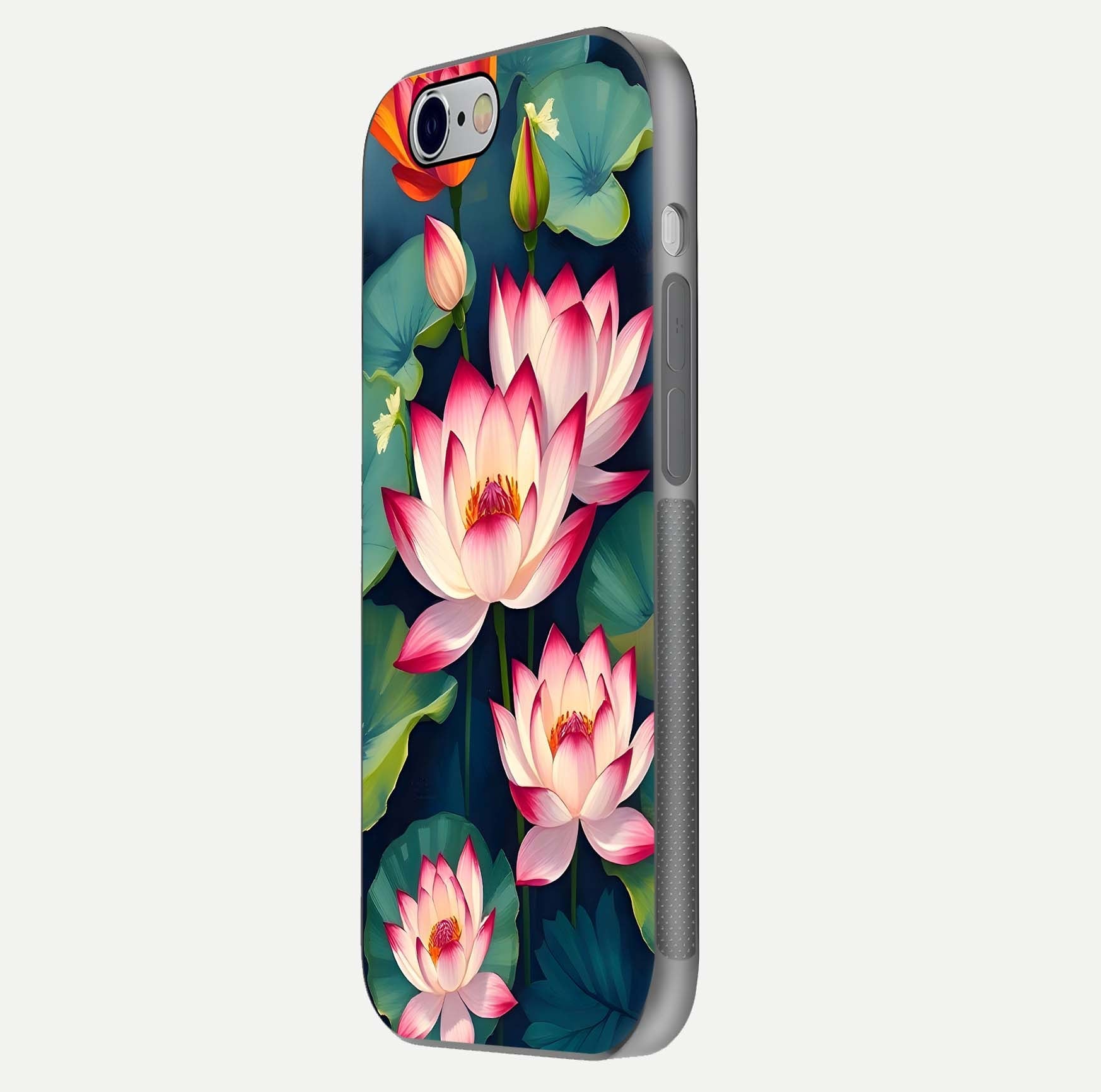 Lotus Dream Serenity Glass Case for iPhone 16 Pro side-angle image revealing reflection clarity and calm tones