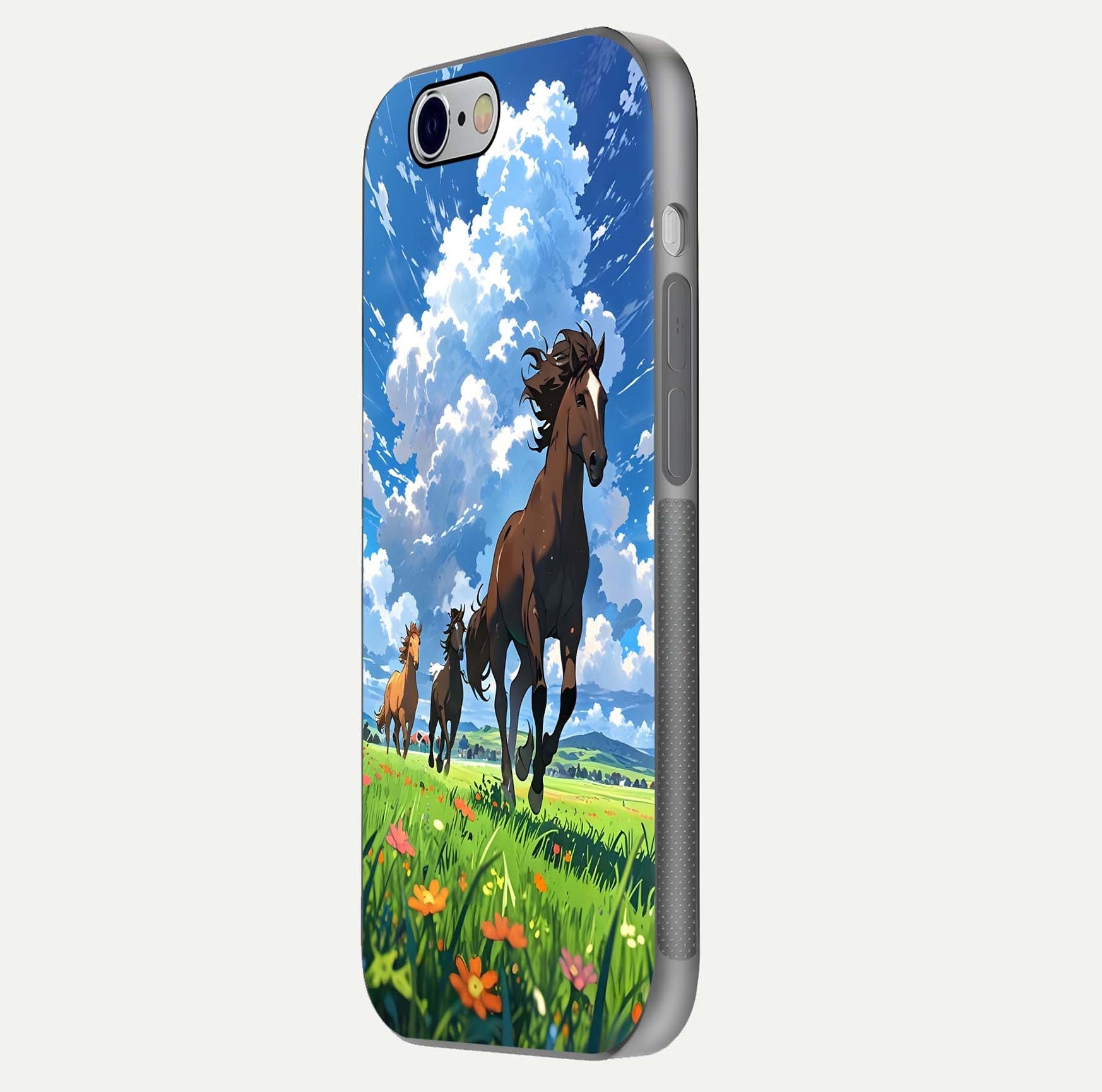 Majestic Horses Galloping Glass Case for iPhone 16 Pro side-angle shot emphasizing reflection and running artwork