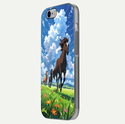 Majestic Horses Galloping Glass Case for iPhone 16 Pro side-angle shot emphasizing reflection and running artwork