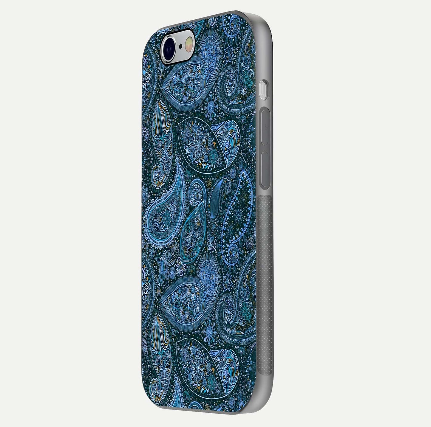 Midnight Paisley Glow Glass Case for iPhone 16 Pro side-angle image revealing reflective gloss and paisley art